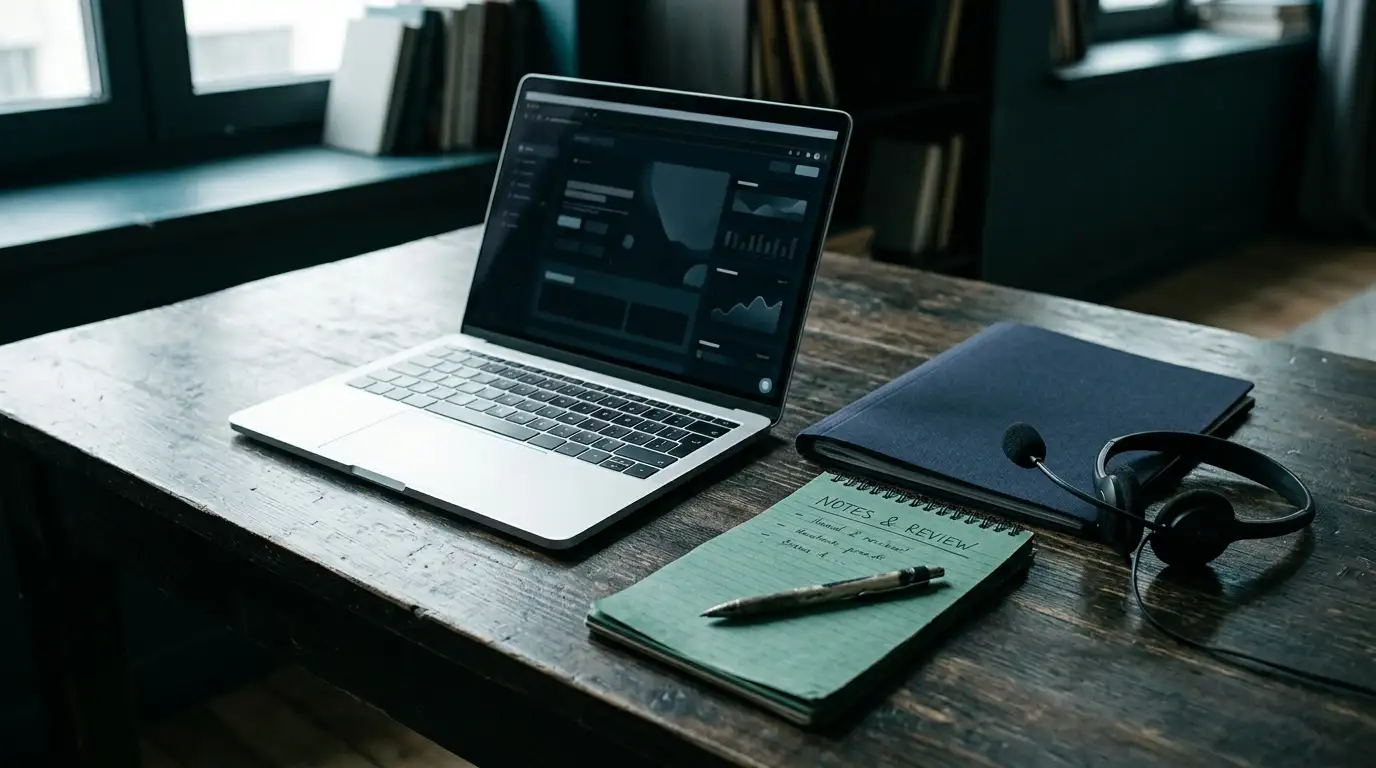 Laptop beside an identity document folder and support headset on a desk