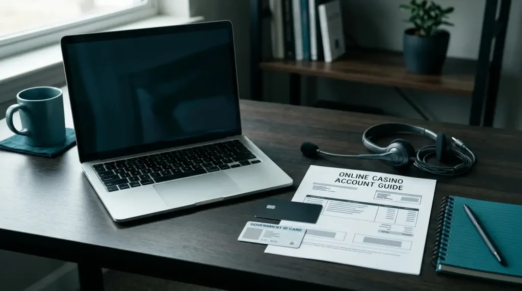 Laptop beside identity documents, a utility bill and a headset on a tidy support desk