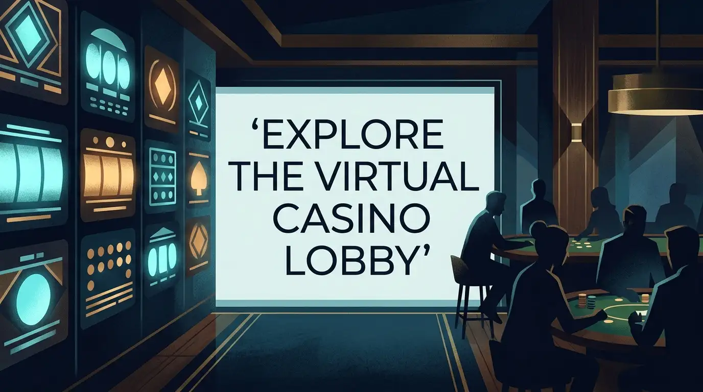 Dark casino game lobby concept with slot tiles and live table silhouettes