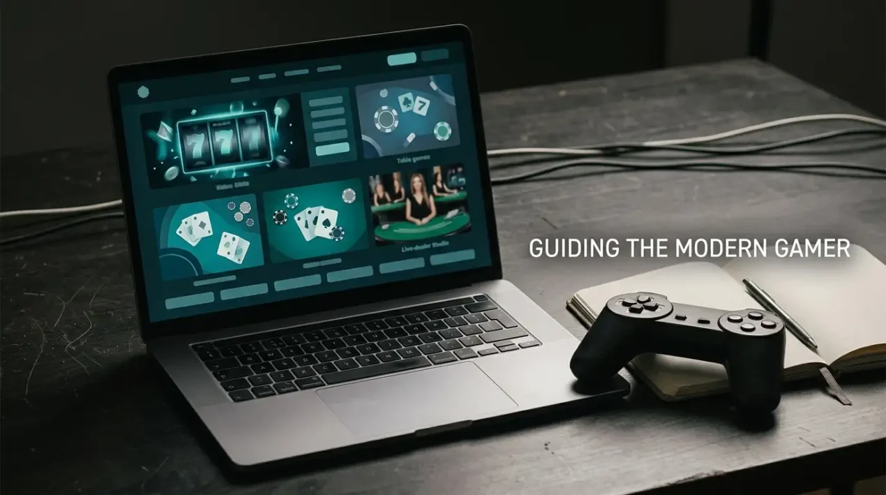 Laptop displaying an abstract casino game lobby beside neutral game-control props on a dark desk