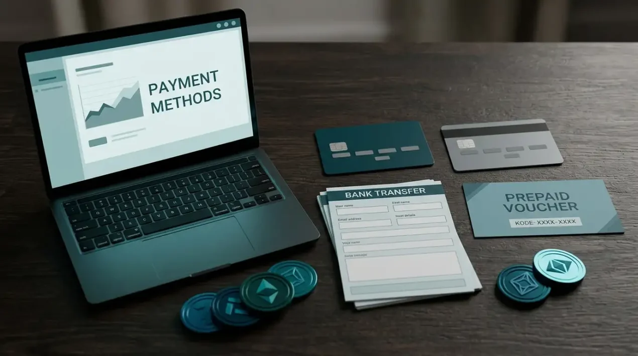 Laptop beside payment cards, a bank-transfer form and abstract cryptocurrency tokens on a desk