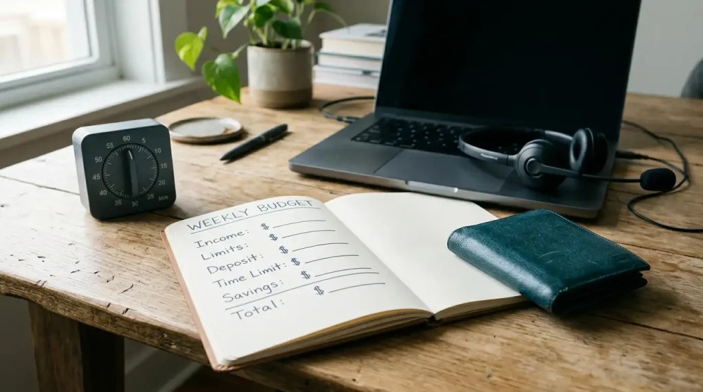 Notebook with a spending plan beside a laptop and support headset on a neutral desk